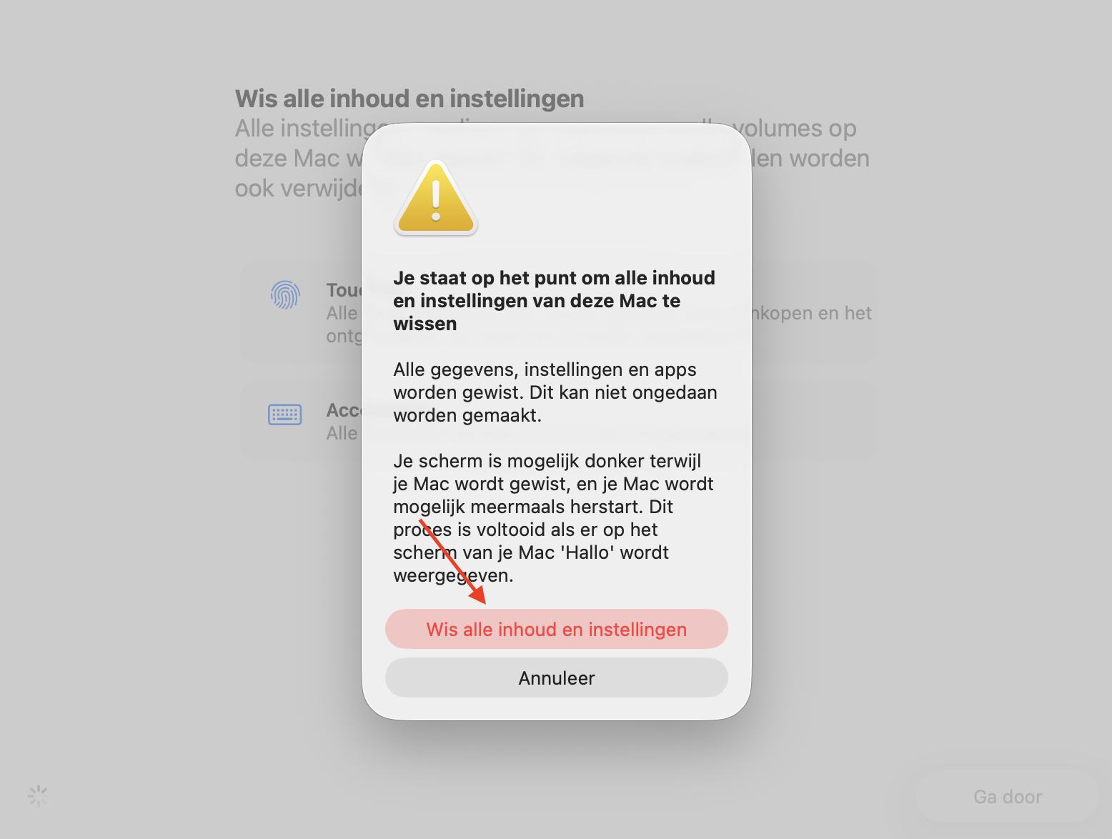 Wisassistent waarschuwt de gebruiker dat alle inhoud en instellingen worden gewist. Door verder te gaan, kun je de Mac terugzetten naar de fabrieksinstellingen.
