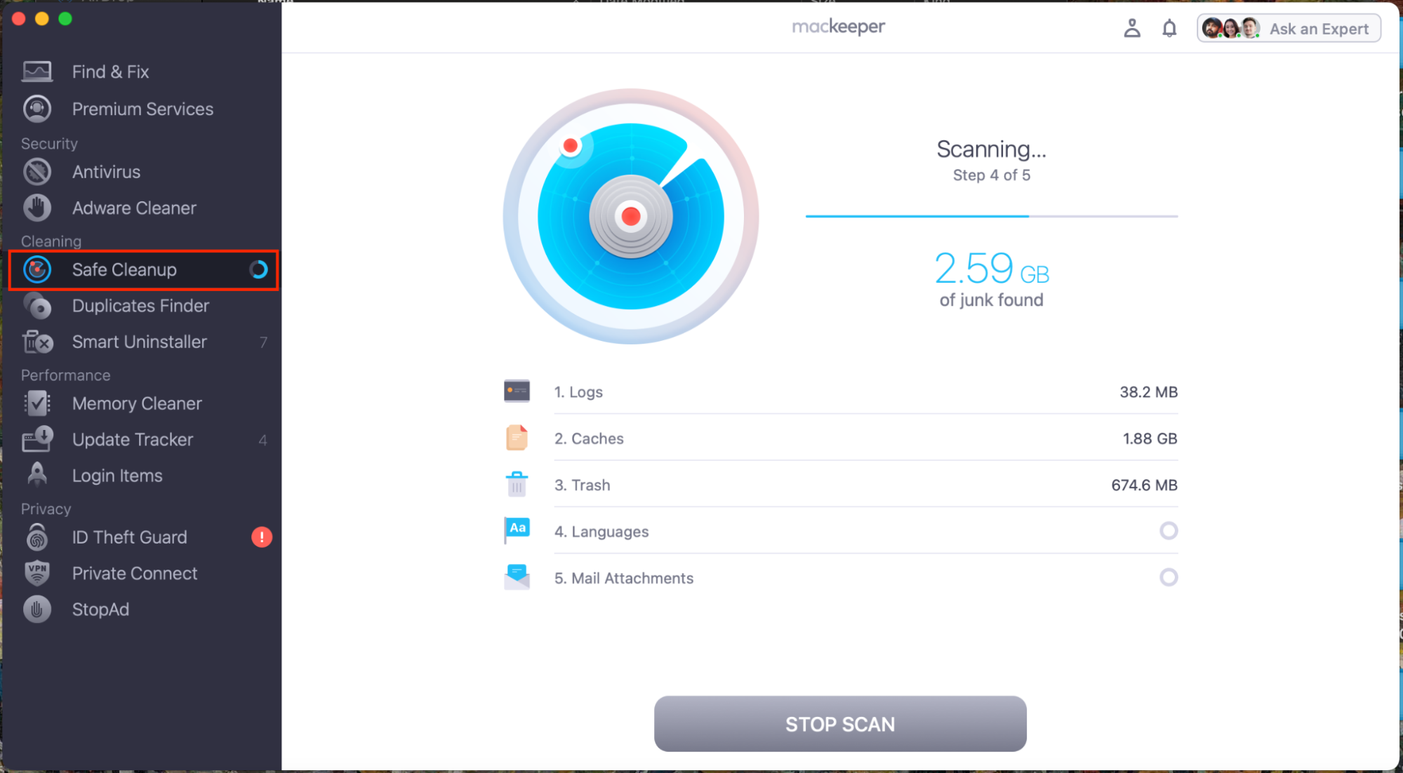 To remove purgeable space on macOS Catalina, download MacKeeper and select Safe Cleanup from the menu. Then, hit Start Scan.