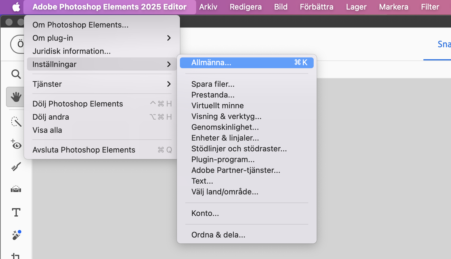 Menyn Inställningar i Photoshop för Mac. Klicka på Allmänna för att komma åt inställningarna och återställa Photoshops inställningar.