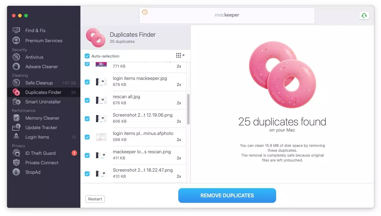 The MacKeeper app shows the Duplicates Finder feature running a check and removing photo duplicates.