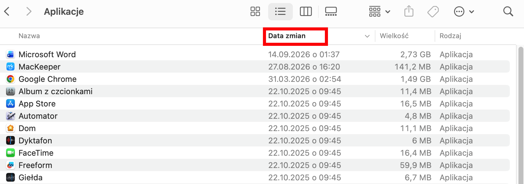 W folderze Aplikacje kliknij prawym przyciskiem myszy w dowolnym miejscu, aby otworzyć nowe okno. Tutaj znajdź i wybierz opcję Data dodania