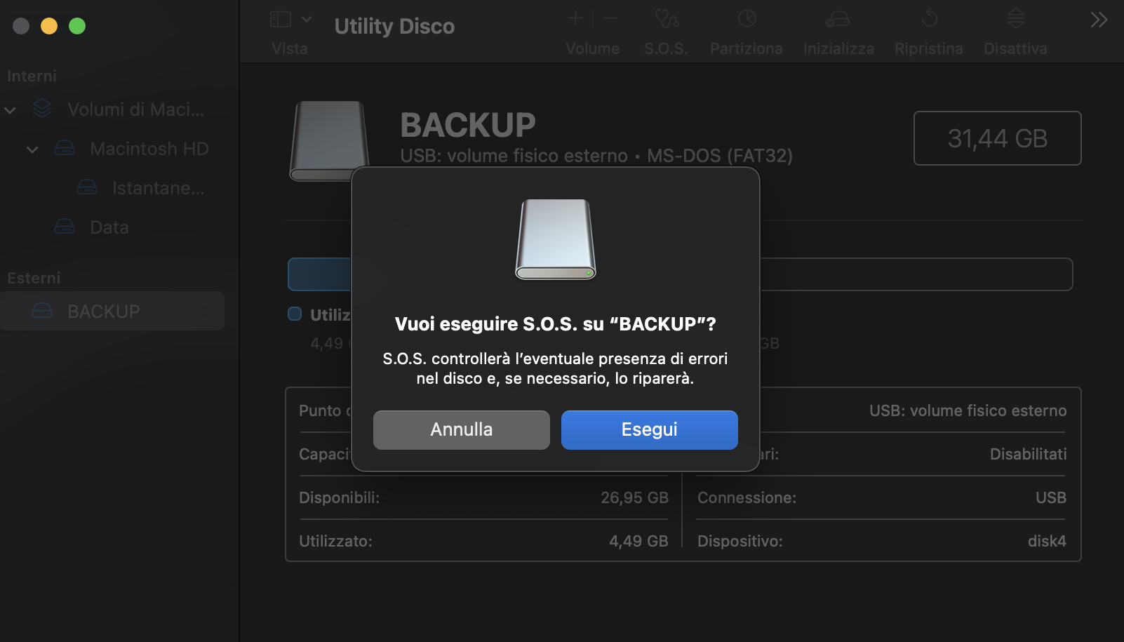 Verrà visualizzata una finestra pop-up che ti chiederà di confermare che desideri eseguire il processo di primo soccorso. Per confermare, basta cliccare sul pulsante Esegui.