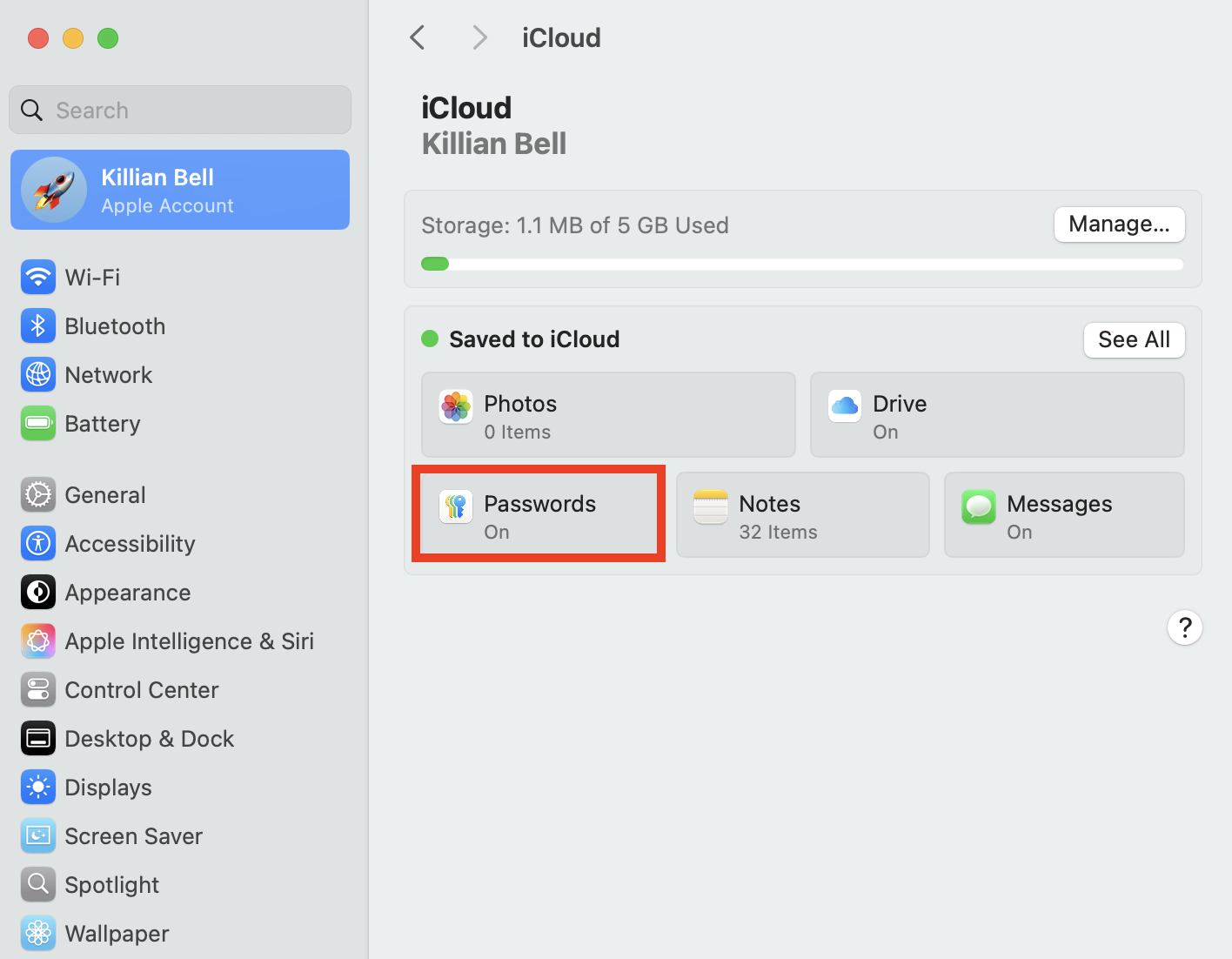 The iCloud menu in System Settings on Mac. Select Passwords to turn iCloud Keychain off and then back on, which should eliminate Mac Keychain password not working issues.