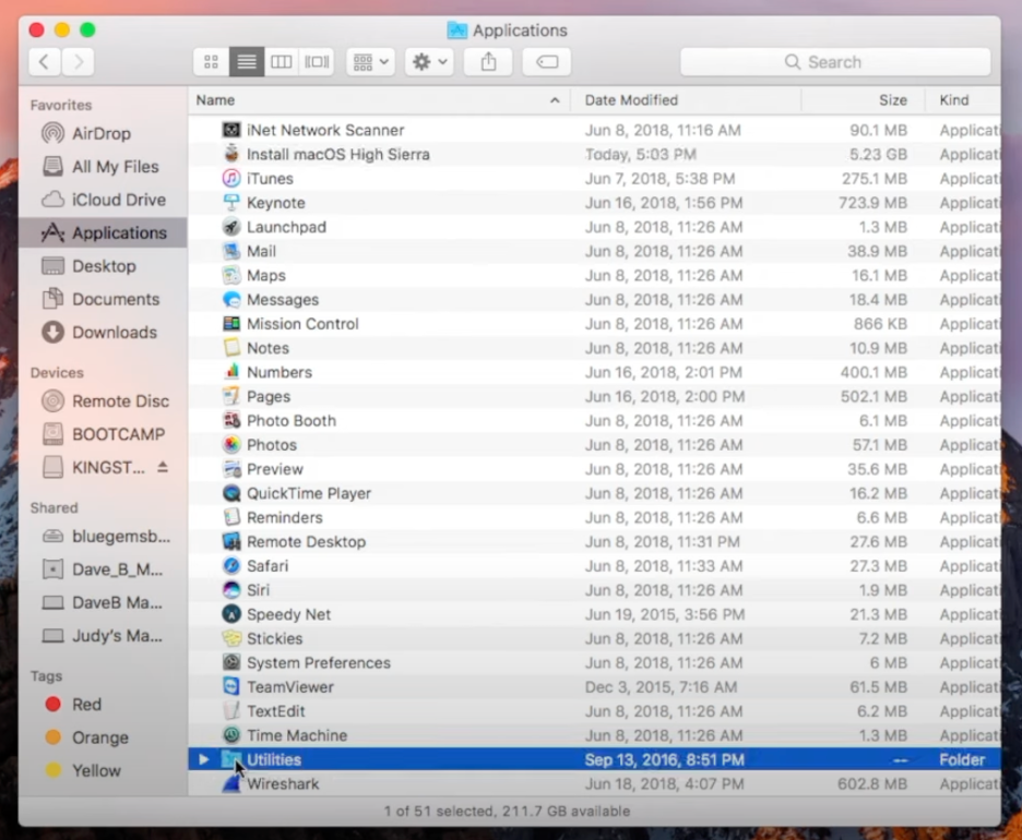 To create a bootable USB installer in macOS High Sierra, go to the Applications folder, open Utilities, and launch Disk Utility.
