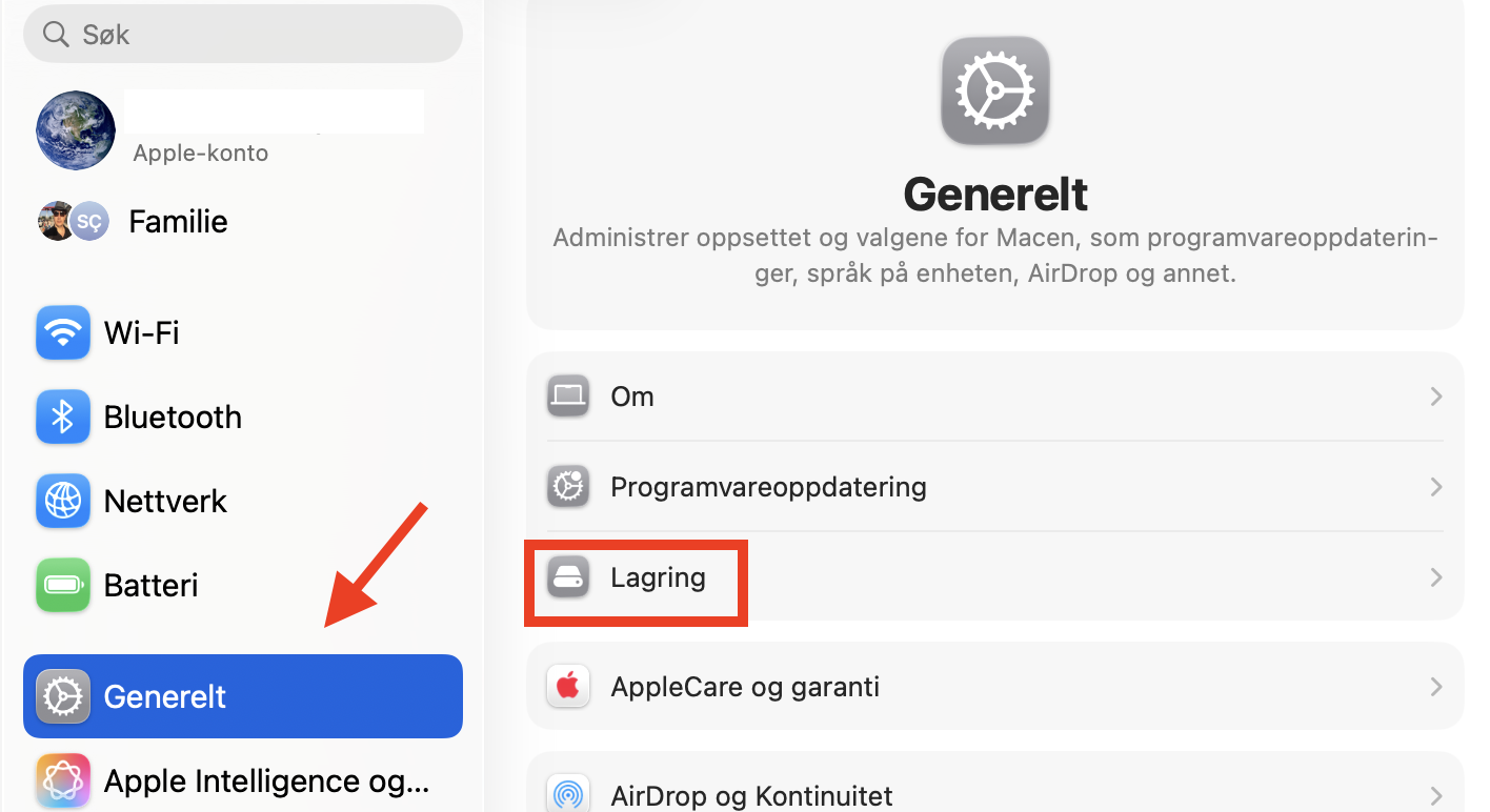 Generelt-menyen inne i Systeminnstillinger på Mac. Velg alternativet Lagring for å håndtere dataene dine og frigjøre plass på Mac.