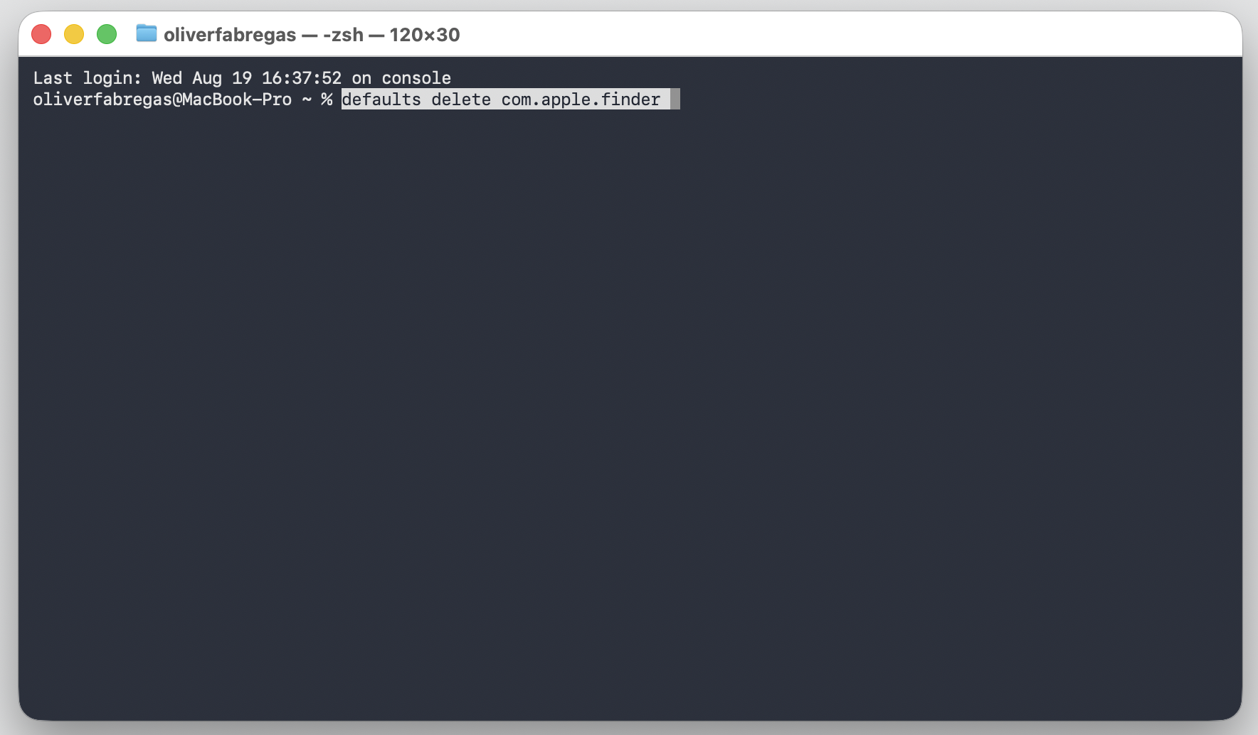 Terminal window on macOS Sequoia 15 running defaults delete com.apple.finder to reset Finder preferences on an Apple computer.