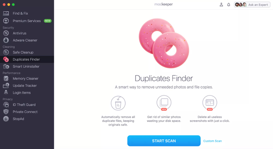 To remove duplicate photos from your Mac, open MacKeeper and select Duplicates Finder from the left sidebar.