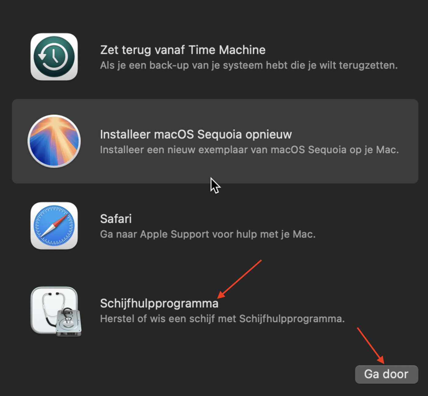 macOS-herstel op de Mac toont een lijst met herstelopties. Selecteer ‘Schijfhulpprogramma’ en klik vervolgens op ‘Ga door’ om de opstartschijf van je Mac te wissen en een nieuwe kopie van macOS te installeren.