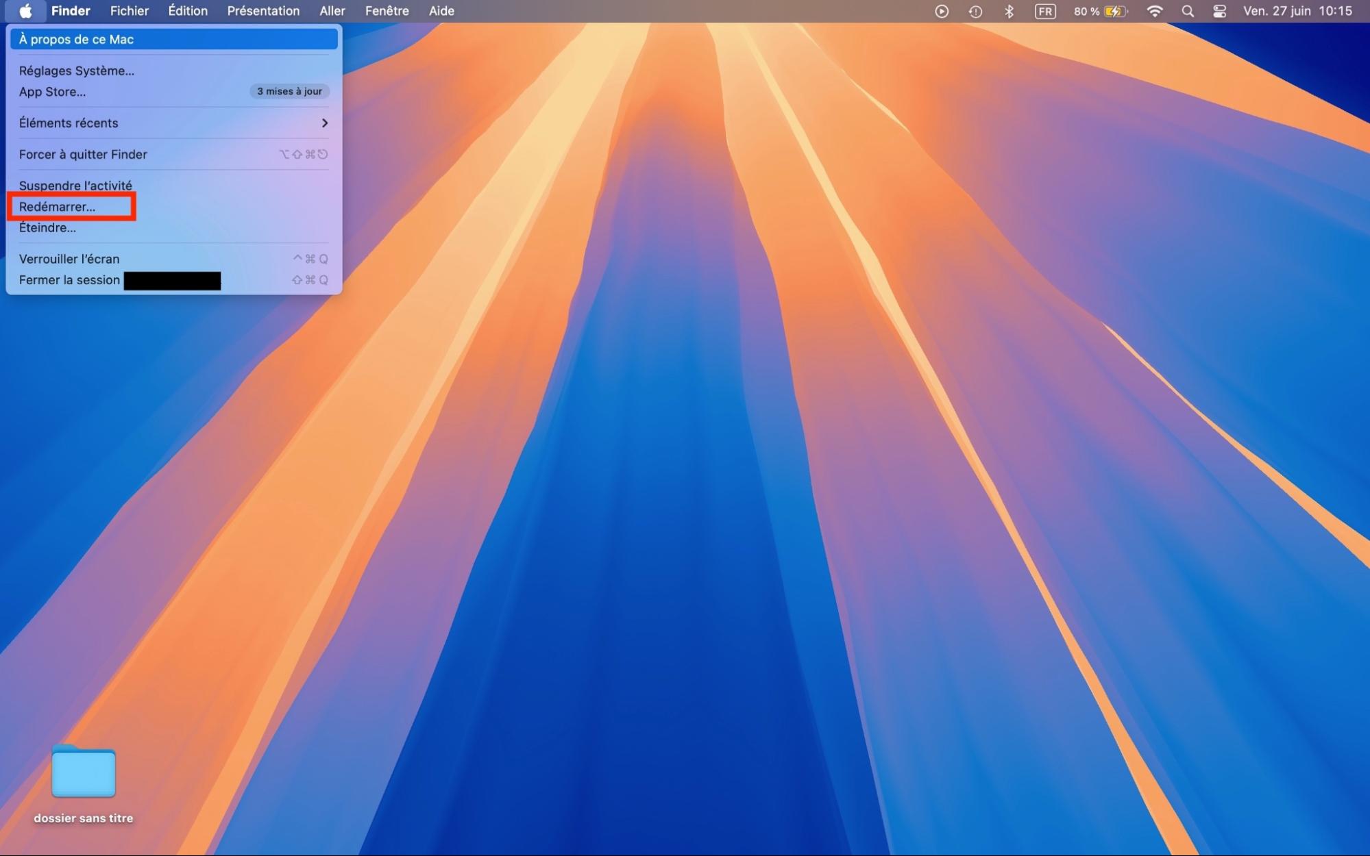 Réinstallez macOS pour que votre écran Mac ne soit pas observé. Redémarrez votre Mac en allant dans le menu Pomme et choisissez l’option Redémarrer.