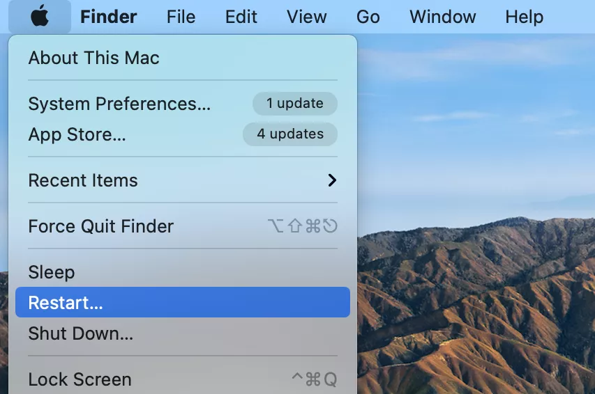 To fix mdworker high CPU consumption by restarting your Mac, click the Apple menu in the top-left corner of your screen, then choose Restart from the drop-down menu, and wait for your Mac to restart and check if mdworker high CPU usage has decreased.