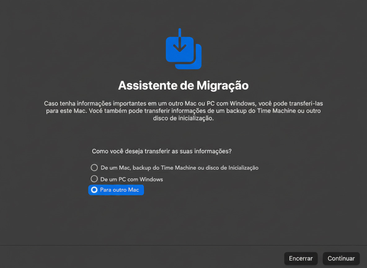 O Assistente de Migração no Mac mostra opções para transferir dados. Para usar o Assistente de Migração para mover conteúdo de um Mac para outro, selecione Para outro Mac e clique em Continuar.
