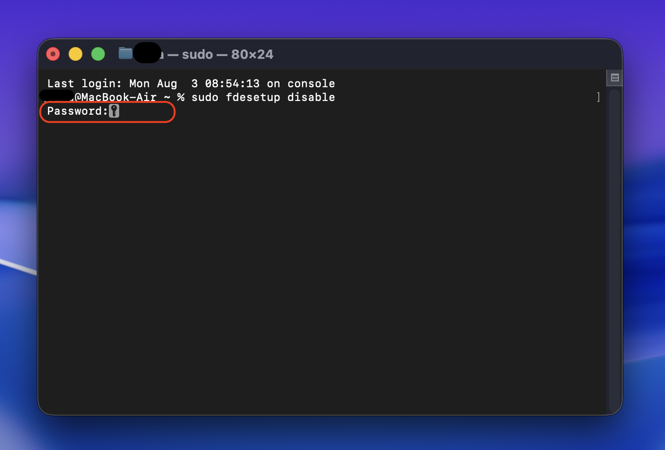Type your user name and press Enter, then type your password and hit Enter. Do this to disable FileVault using Terminal on Mac.