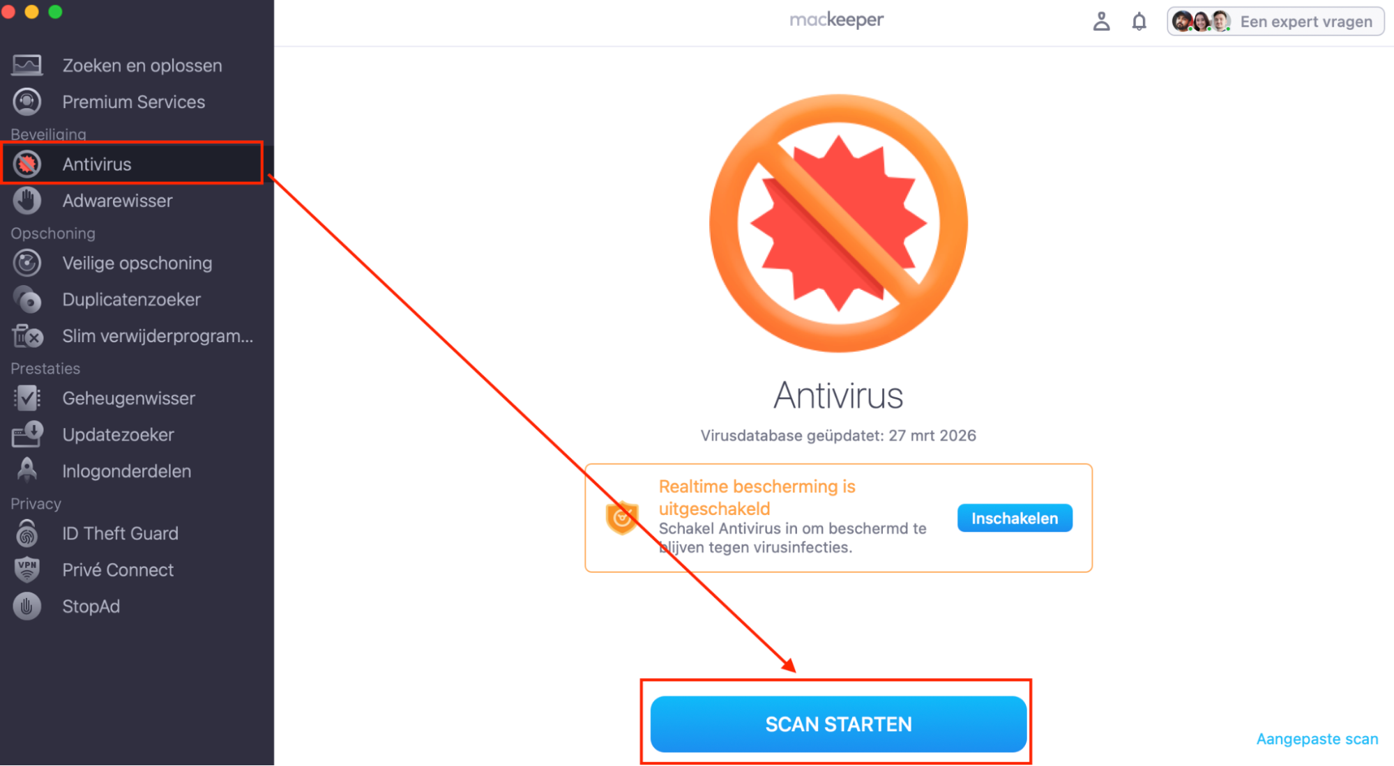 Om virussen op je Mac te verwijderen, open je MacKeeper en kies je ‘Antivirus’ in de zijbalk. Klik vervolgens op ‘Start Antivirus’.