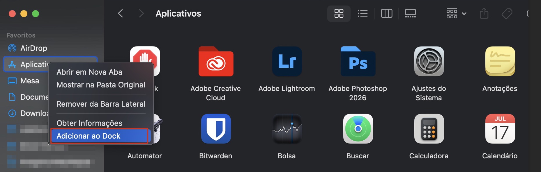 A pasta Aplicativos no Finder do Mac. Se você quiser adicioná-la ao Dock para acessá-la mais rapidamente, clique com o botão direito na pasta na barra lateral do Finder e selecione Adicionar ao Dock.