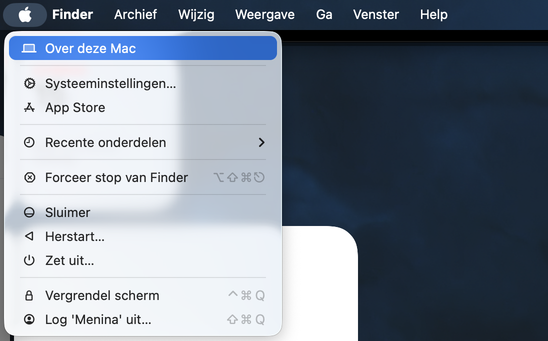 Controleer of je meer opslagruimte op je Mac nodig hebt door te gaan naar het Apple-menu > Over deze Mac. Hier zie je welk apparaat je hebt.