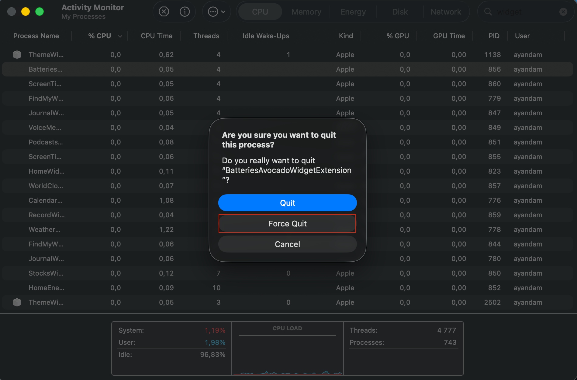 Activity Monitor is shown on a Mac. Type Widget in the search bar, select the unresponsive widget, and Force Quit it to fix Mac widgets not working.