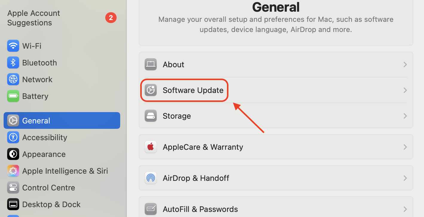 Go to System Settings, click General, then select Software Update to check for and install the latest macOS version for better iCloud syncing.