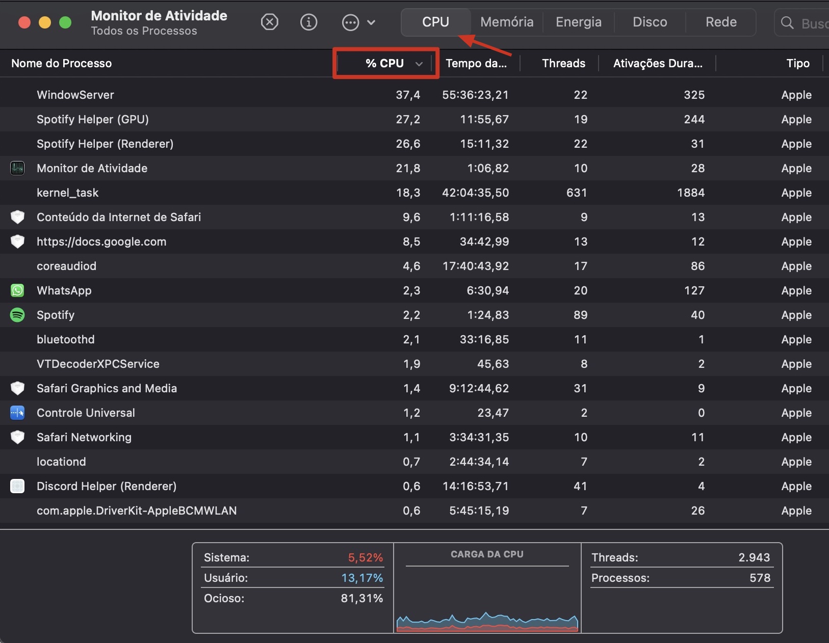 O Monitor de Atividade no Mac mostra uma lista de todos os processos em execução. Clique na aba CPU e depois na coluna % CPU para ordenar todos os processos pelo uso de CPU.