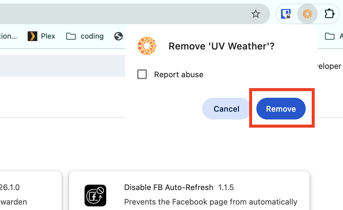 To finish the process of uninstalling your Chrome extension(s) on Mac, click on Remove in the newly appeared pop-up window.