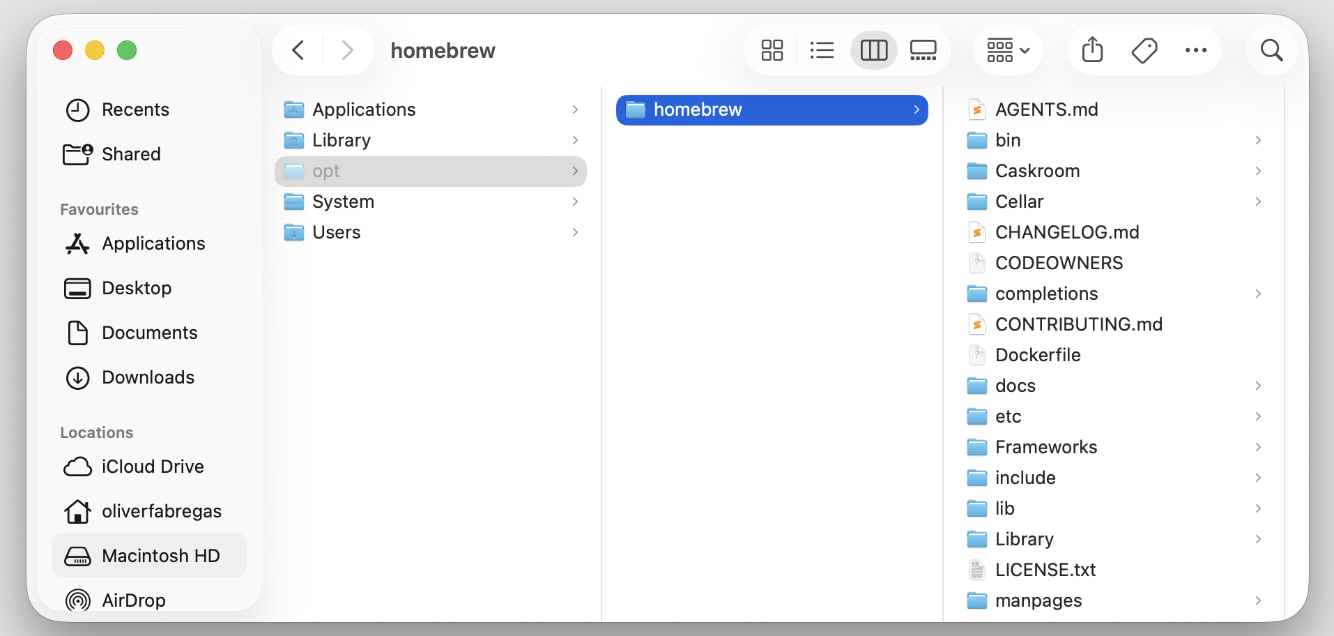 Finder column view on a MacBook showing the opt folder opened to the homebrew directory with bin, Cellar, and etc inside.