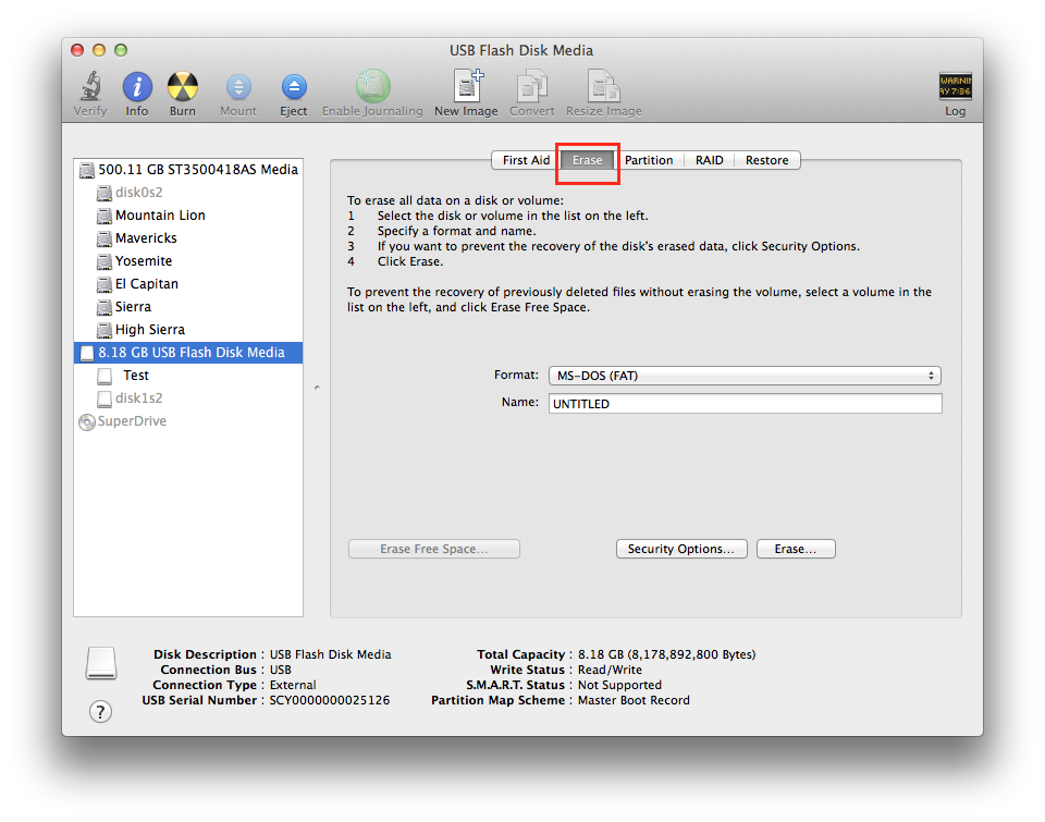 Disk Utility on a Mac. An external drive is selected, and Erase is highlighted. How to use an older version of macOS without changing the current one.