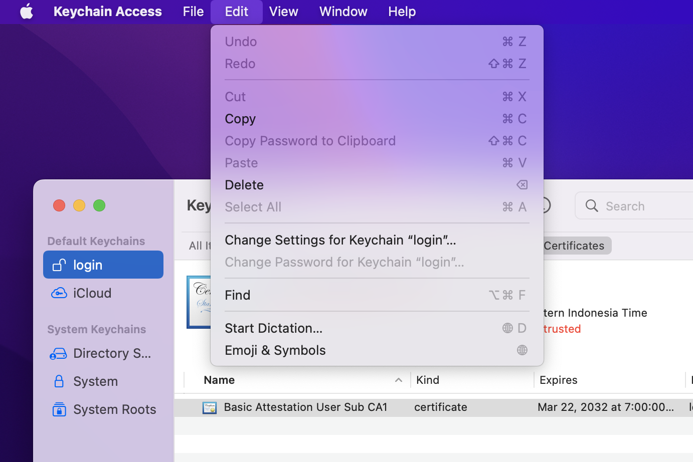 Keychain Access Edit tab Keychain Access Edit tab