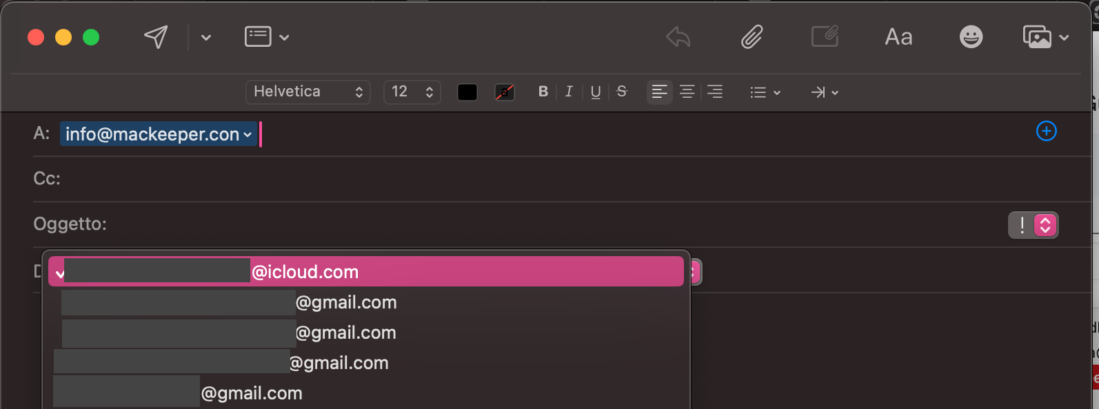 Per scegliere un server di posta in uscita (SMTP) diverso nella finestra di composizione del messaggio, seleziona Da e scegli un’opzione dall’elenco nella finestra Nuovo messaggio di Mail su Mac.