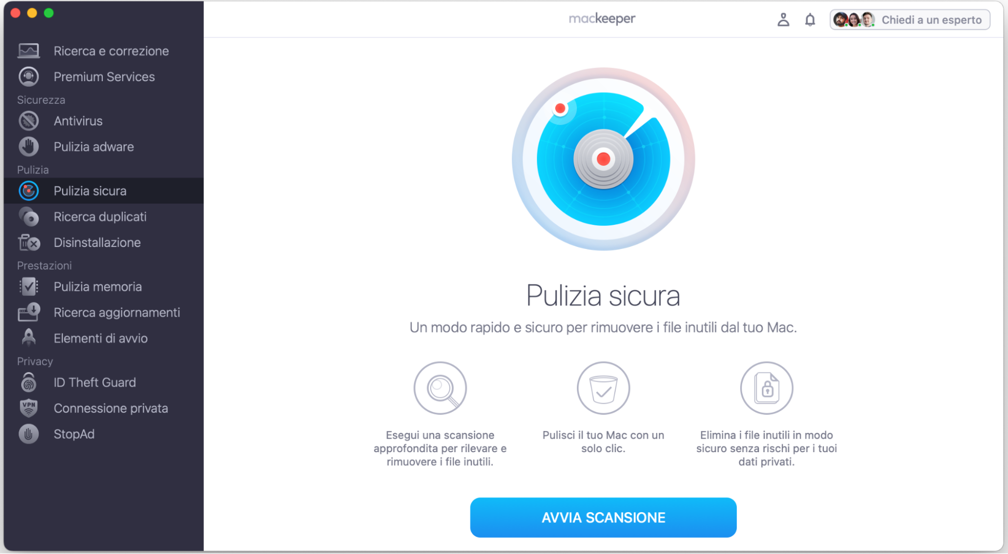 Per rimuovere cache e file danneggiati, avvia MacKeeper, seleziona Pulizia Sicura e clicca Avvia scansione.