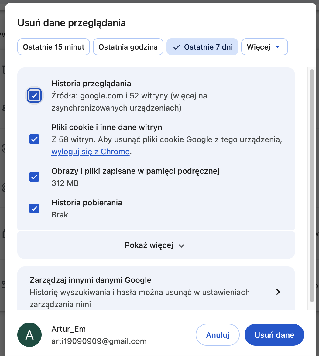 W nowo otwartym oknie wybierz typ plików tymczasowych i potwierdź usunięcie, klikając przycisk Wyczyść dane.