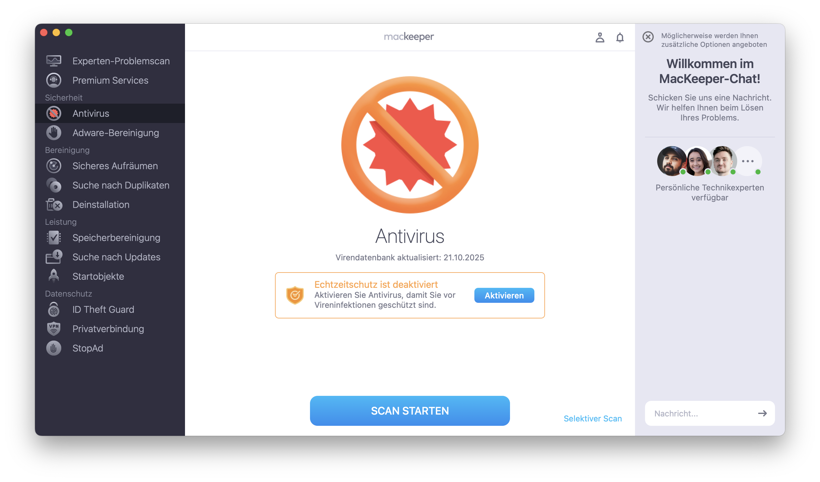 Um Keylogger auf einem Mac zu erkennen, empfiehlt es sich, einen Scan auf Schadsoftware mit einer vertrauenswürdigen Drittanbieter-App wie MacKeeper durchzuführen. Nachdem Sie die App auf Ihren Mac heruntergeladen haben, wählen Sie die Antivirus-Funktion aus und klicken Sie auf Scan starten.