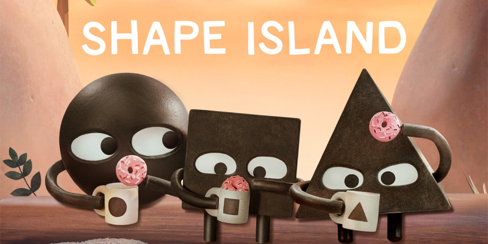 Shape Island characters—three black shapes—holding donuts and coffee Shape Island characters—three black shapes—holding donuts and coffee