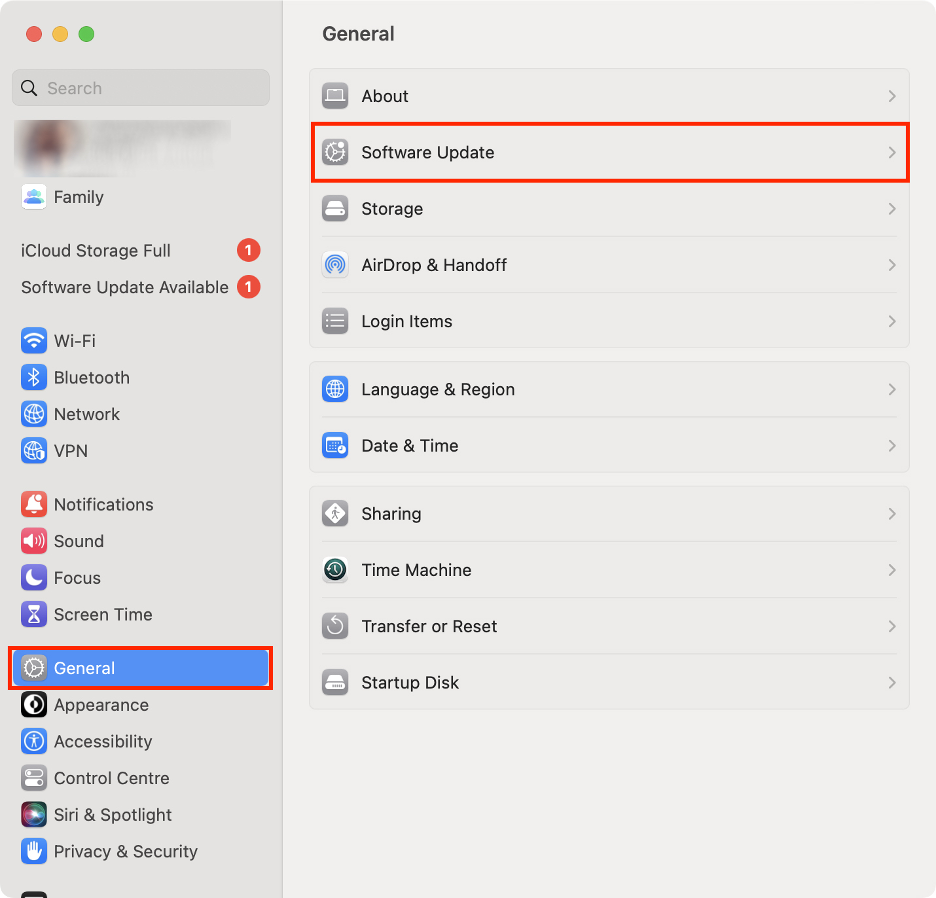 To update macOS and resolve the Command key issue on your Mac, open System Settings, click on General, then select Software Update.