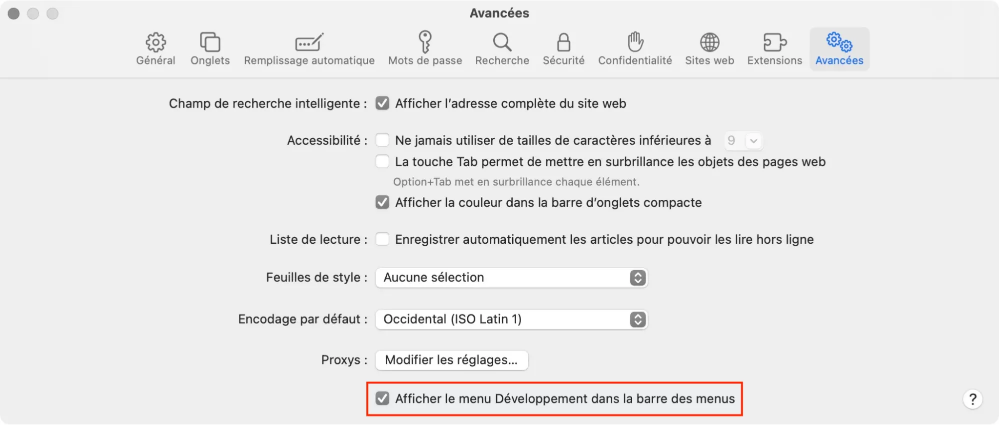 Safari > Préférences > Avancées