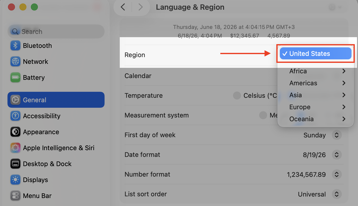 Language & Region pane in macOS Tahoe, setting Region to United States to correct the date and time display on a MacBook.