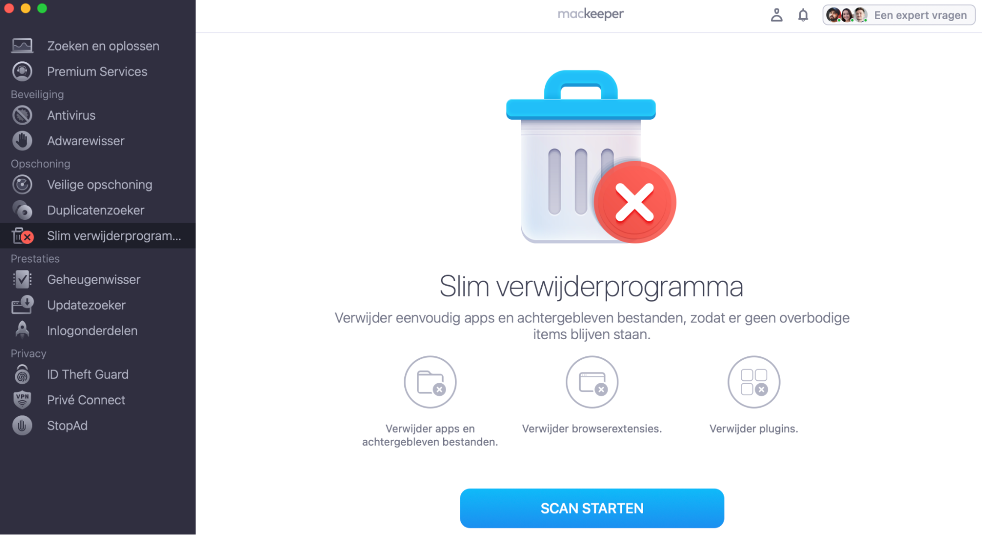 Open MacKeeper, selecteer Slim Verwijderprogramma in de zijbalk en klik op Scan starten om te zoeken naar apps en resterende bestanden.