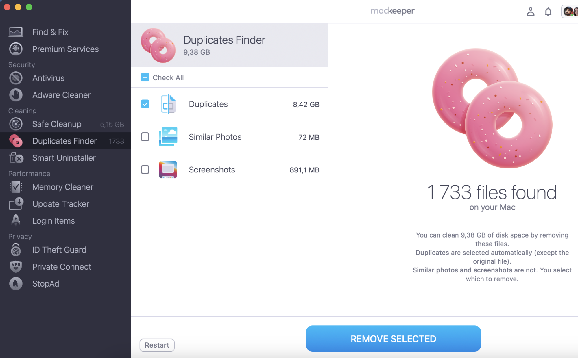 After the scan, duplicates are grouped into the folder. Select a folder or a file and click Remove Selected. Alternatively, Check All and then click Remove Selected to get rid of all duplicates.