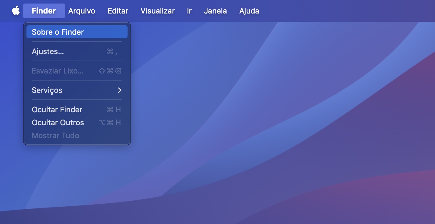 A barra de menu, atualmente aberta com o título Finder no canto superior esquerdo, próximo ao ícone da Apple, indica que o usuário está usando o Finder no momento.