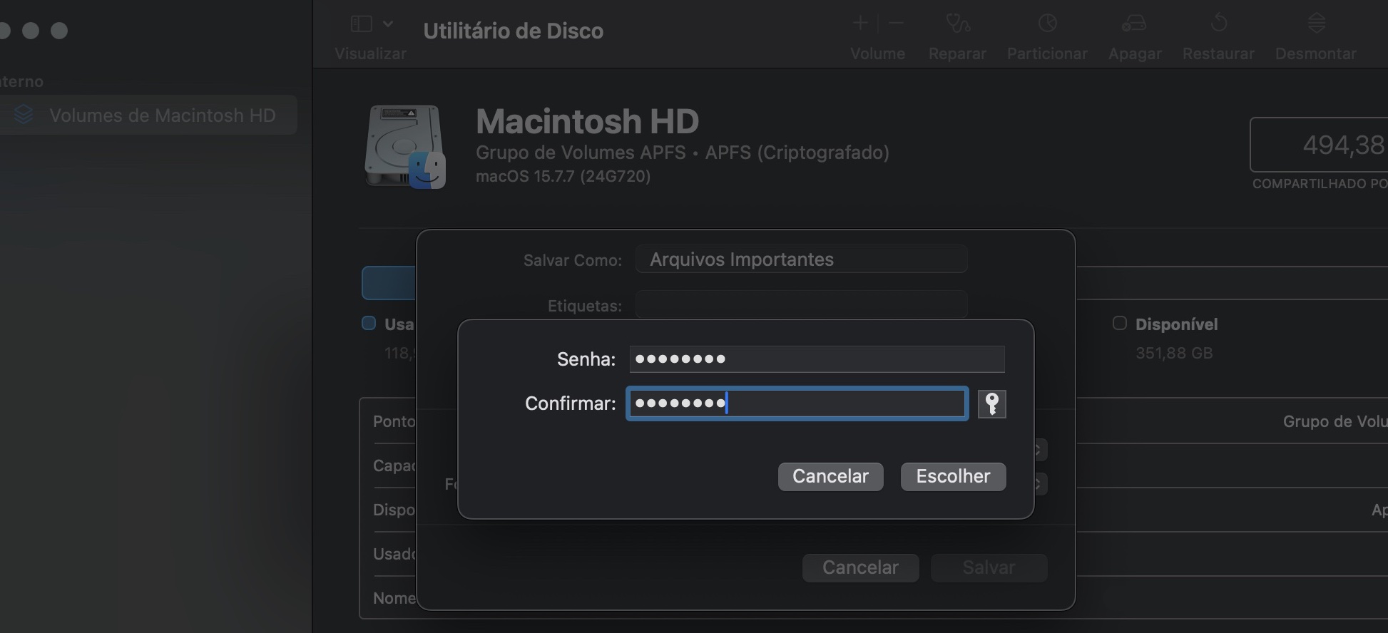 Agora, o app Utilitário de Disco solicitará que você insira e verifique sua senha. Quando terminar, clique em Escolher.  