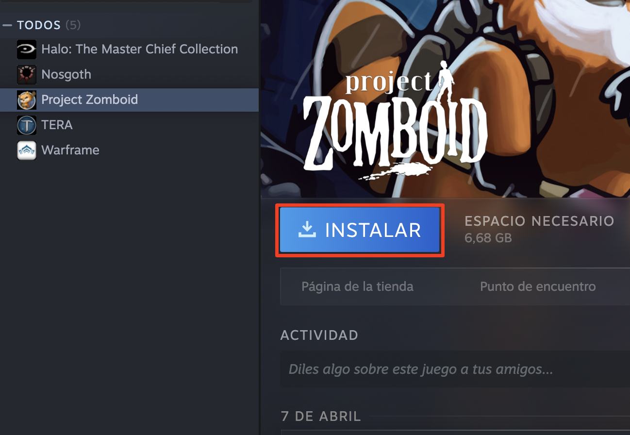 La biblioteca de Steam en Mac muestra el botón de instalación del juego. Haz clic en Instalar para empezar a descargar e instalar el juego elegido.