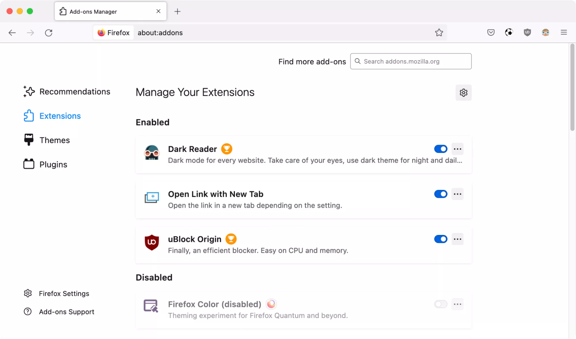 Firefox Settings > Add-ons and themes