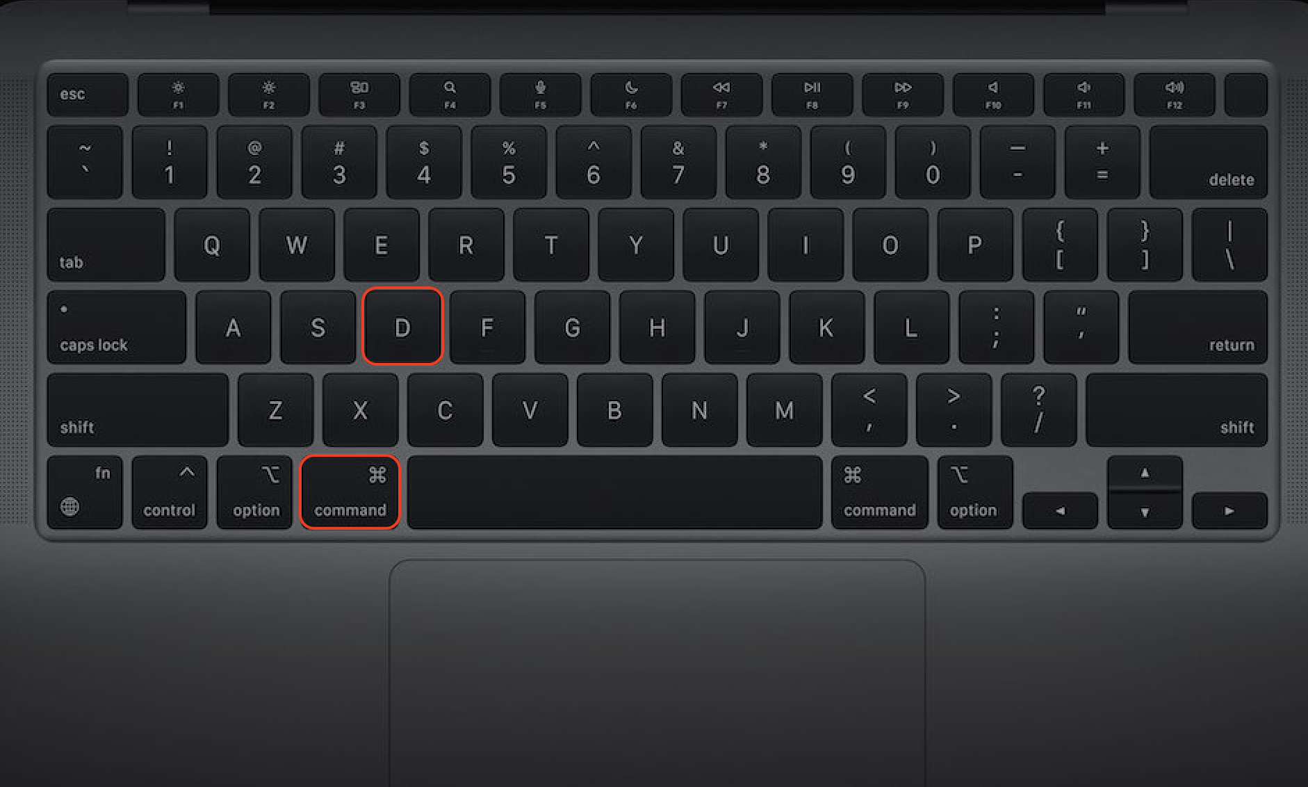 Een Mac-toetsenbord met de toetsen Command en D gemarkeerd. Houd deze toetsen tijdens het opstarten ingedrukt om Apple Diagnostics uit te voeren.