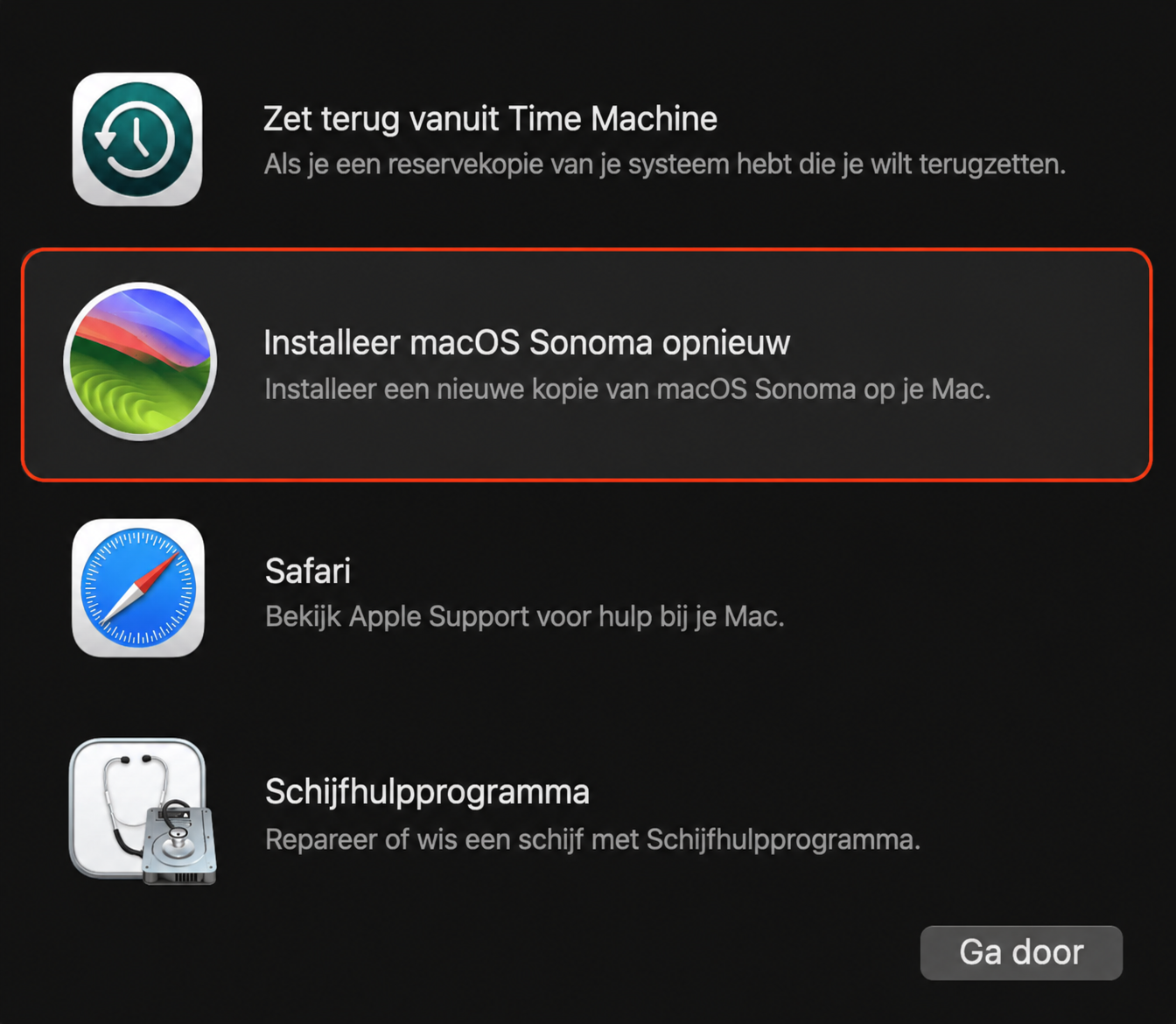 De optie Herinstalleer macOS Sonoma is gemarkeerd in het venster van Herstel op de Mac. Door deze optie te kiezen kun je je Mac terugzetten naar de fabrieksinstellingen.
