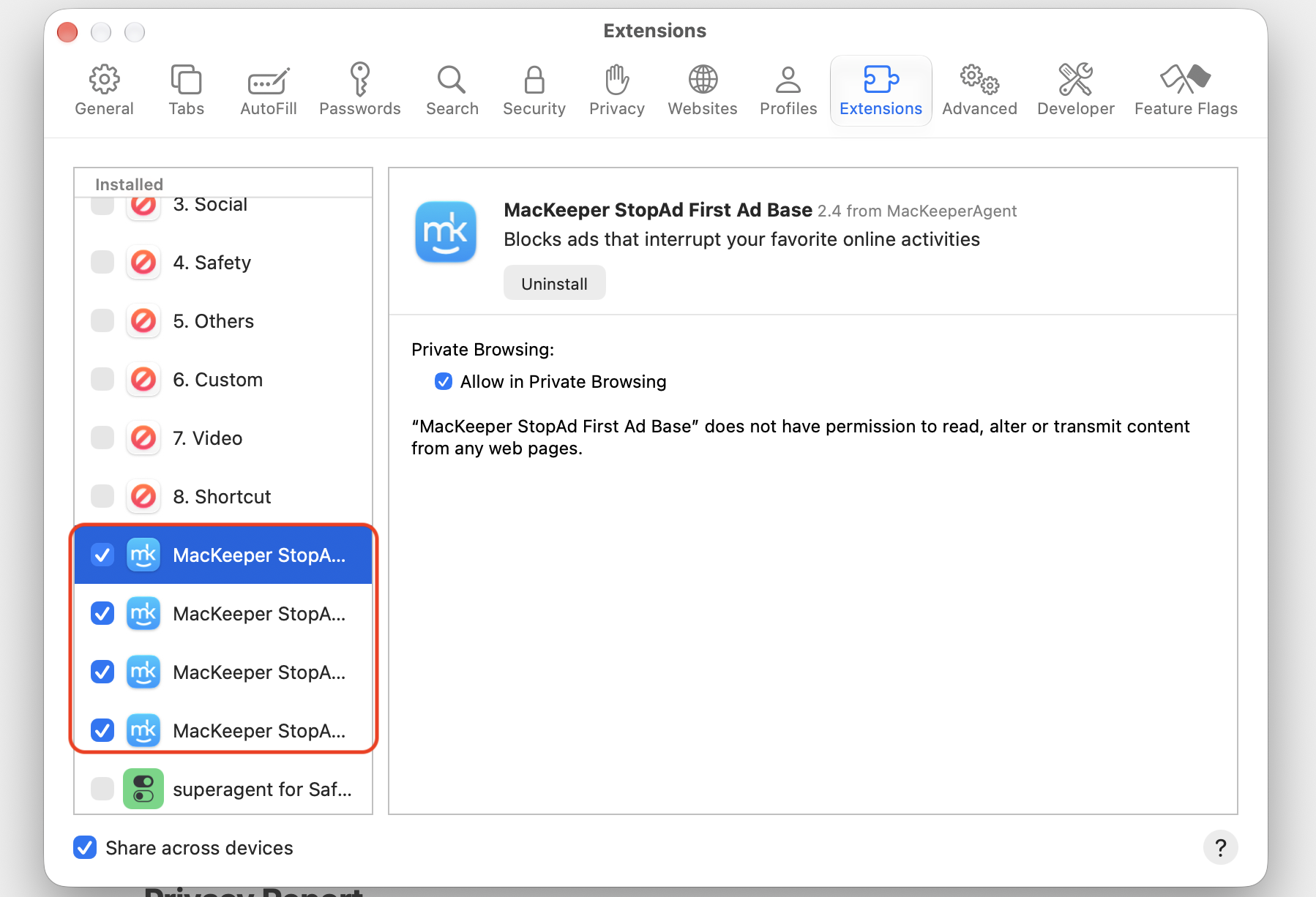 The MacKeeper StopAd prompt on a Mac with the blue Open Safari Preferences button to tick each StopAd checkbox and enable the extension.