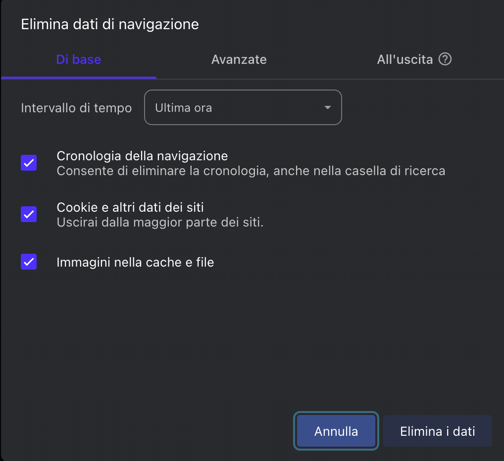 Il menu per cancellare la cache in Opera su Mac mostra le opzioni Cronologia di navigazione, Cookie e altri dati dei siti o Immagini e file memorizzati nella cache. Fai clic su Cancella dati selezionati.