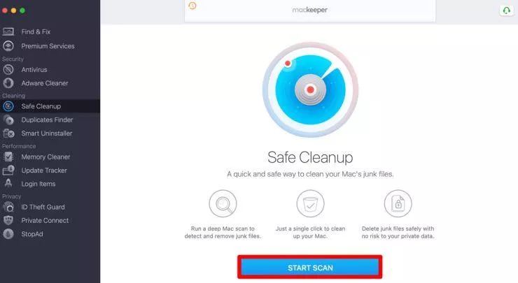In the MacKeeper’s Safe Cleanup tool, the Start Scan button selected, highlighted with the red box, shows the next step to proceed
