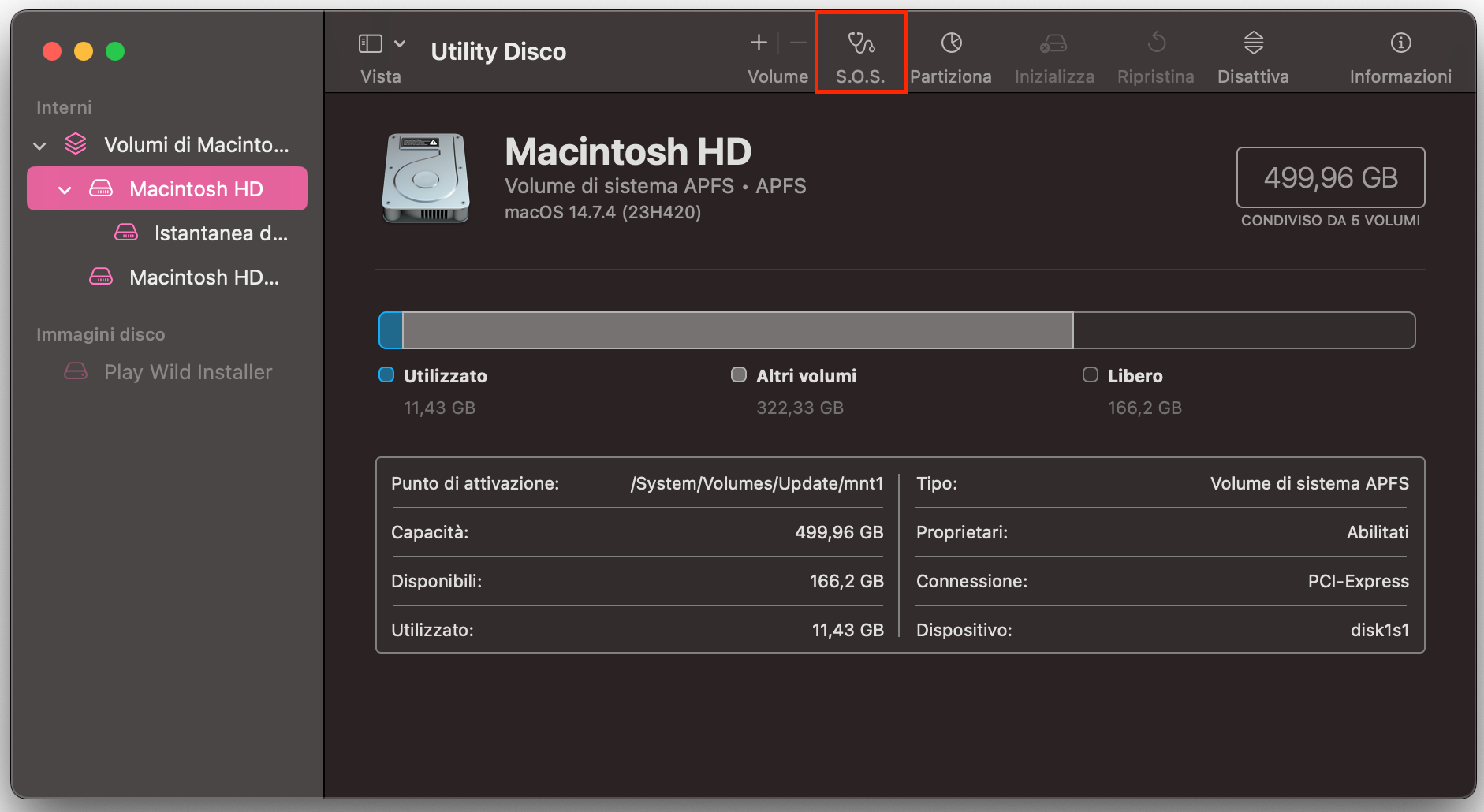 Problemi con il disco di sistema principale del Mac possono rallentare il computer. Puoi verificarlo usando la funzione S.O.S.