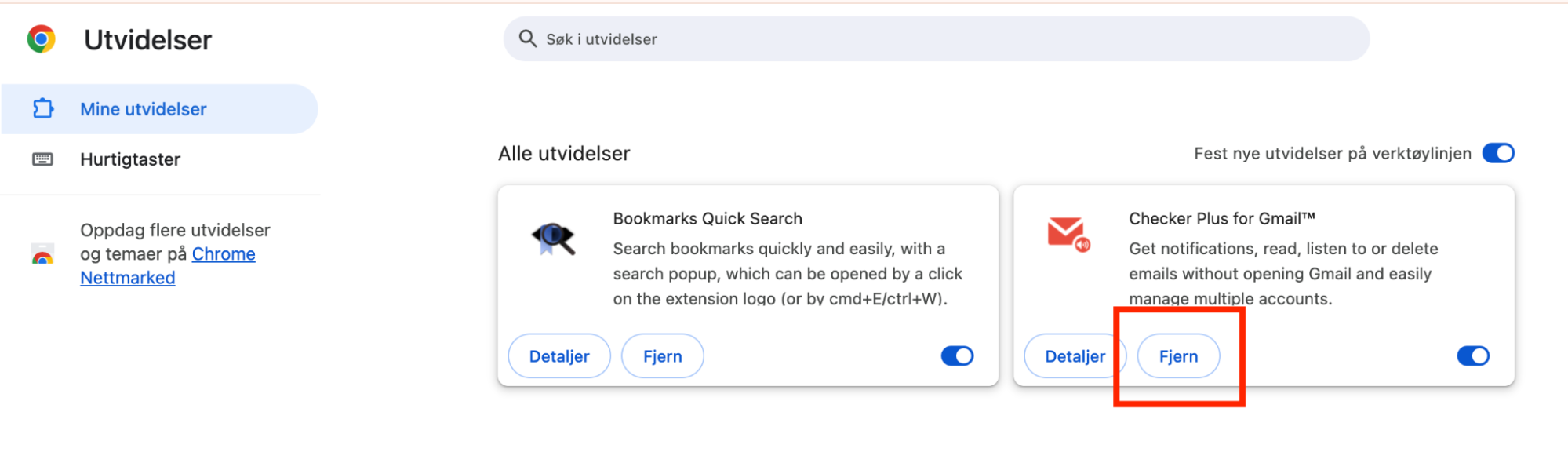 Etter å ha sjekket Chromes startside er det på tide å se på utvidelsene dine. Velg Utvidelser fra sidemenyen, klikk deretter på Fjern-knappen på en utvidelse.