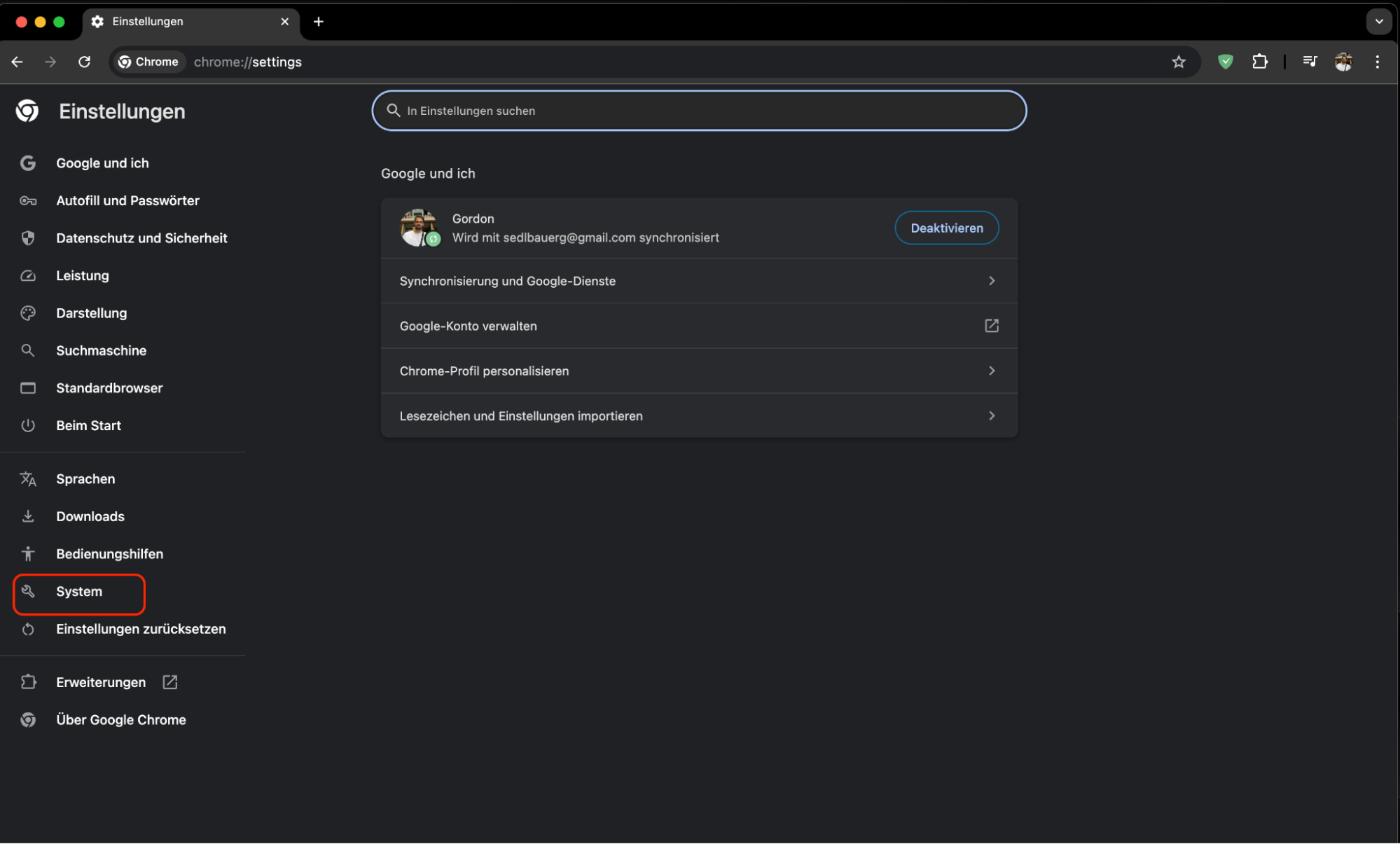 Um die Hardwarebeschleunigung zu deaktivieren, gehen Sie zu Einstellungen und wählen Sie System.