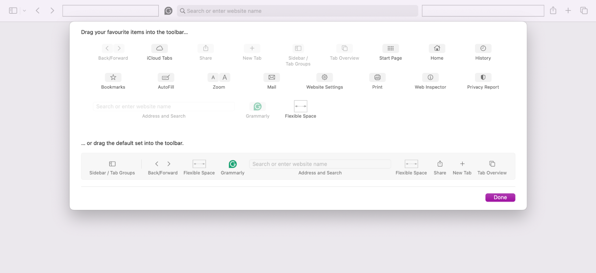After proceeding to click on Customise Toolbar, a pop-up box will appear where you’ll be able to edit, add and change Safari to personalise it to your needs and preference.
