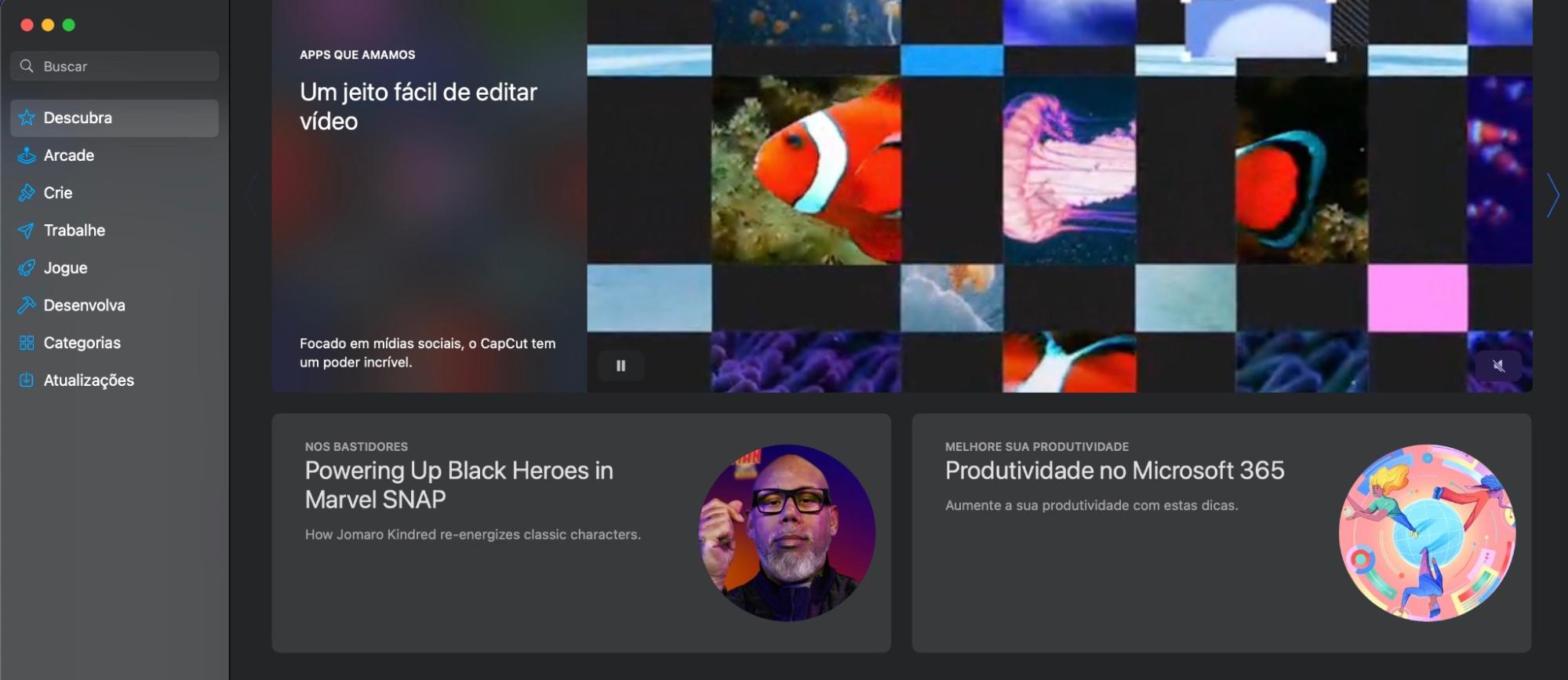 A janela da página inicial da App Store exibe recomendações de aplicativos para você baixar e experimentar, assim como o menu de navegação à esquerda para facilitar sua busca dentro das categorias de software.